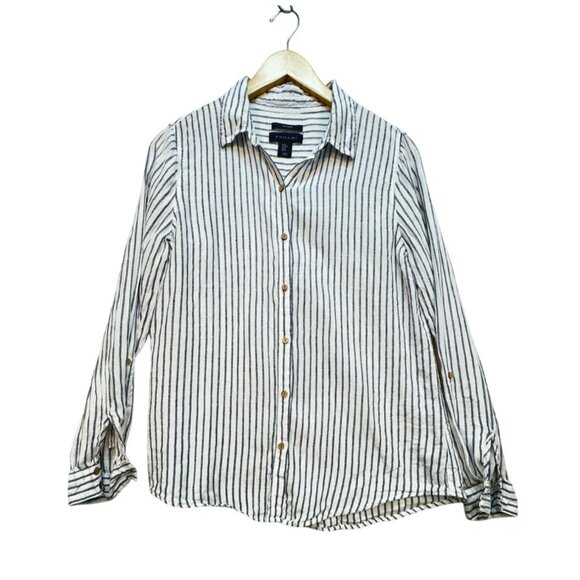Tahari Womens Stripe Linen Button-Up Shirt Size M Blue White Casual Workwear - Picture 1 of 13